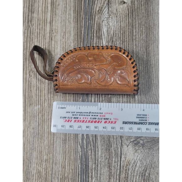 Vintage Leather Tooled Coin Purse, Laced Zipper Wallet - Picture 2 of 6